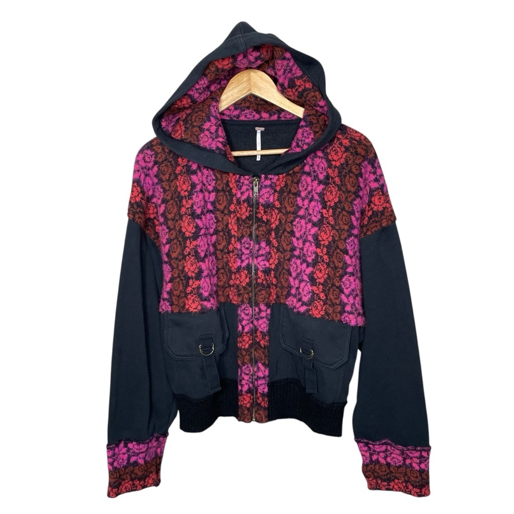 Free People Rockwell Sweater Bomber Jacket Hoodie Colorblock Large - Picture 2 of 13